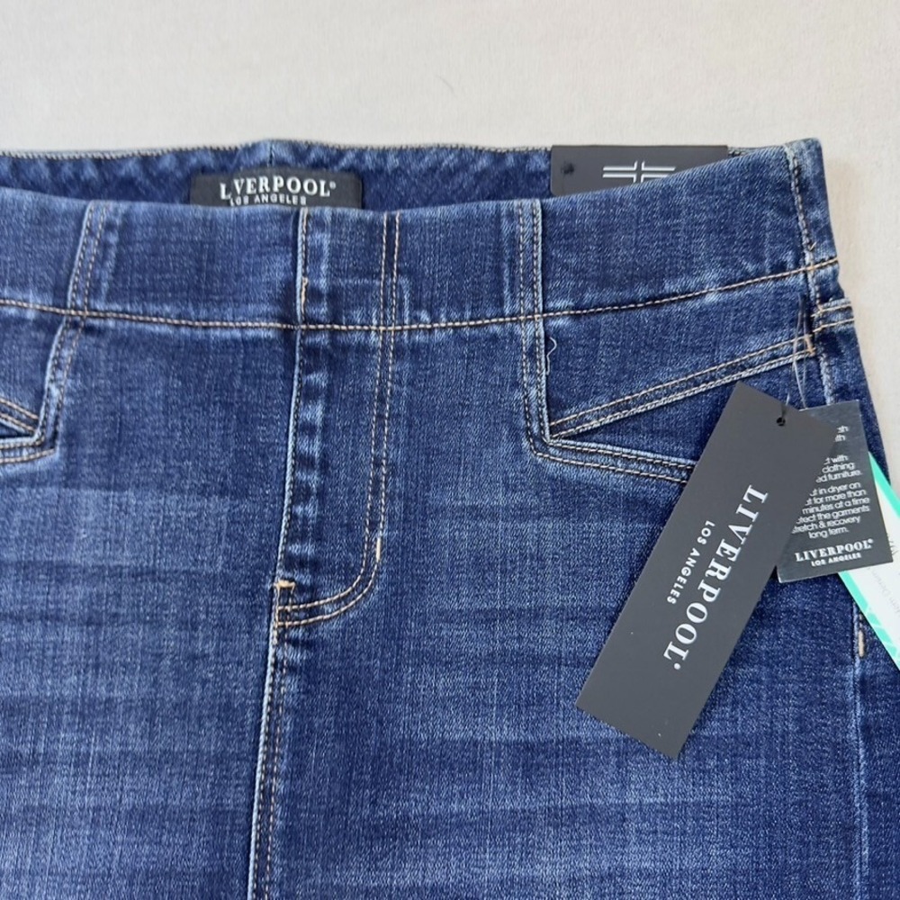 Liverpool Jeans Skirt 6 , 28 Cat Eye Pull On Dark Wash Denim raw hem NEW - Picture 3 of 16